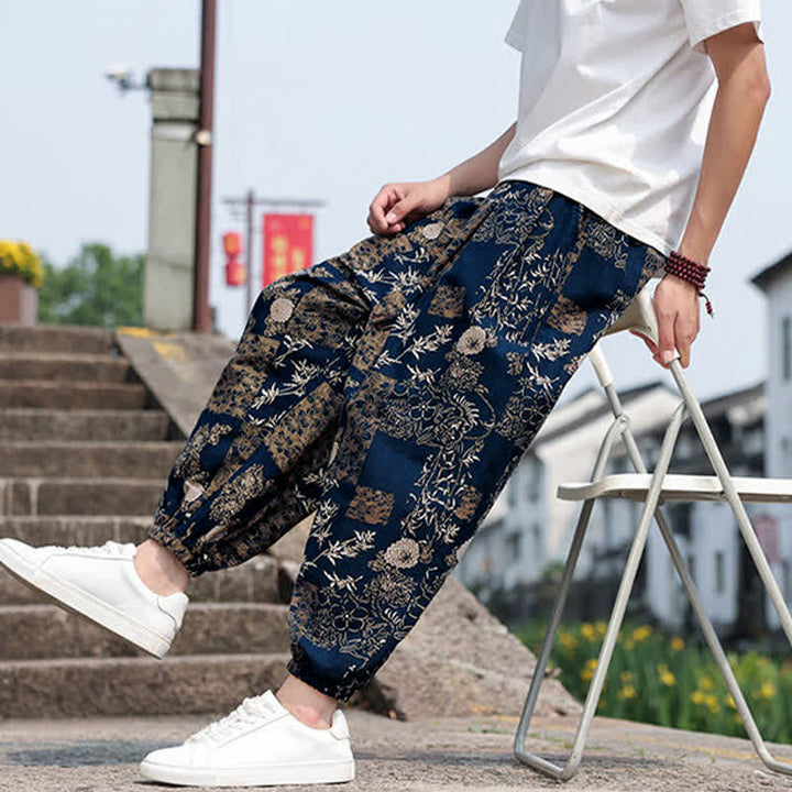 Buddha Stones Pantaloni corti da uomo estivi in ​​stile boho casual con coulisse, stampa di elefanti e alberi, modello harem con tasche. - image 37