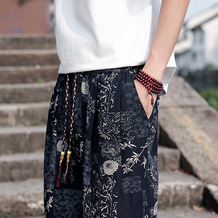 Buddha Stones Pantaloni corti da uomo estivi in ​​stile boho casual con coulisse, stampa di elefanti e alberi, modello harem con tasche. - image 17