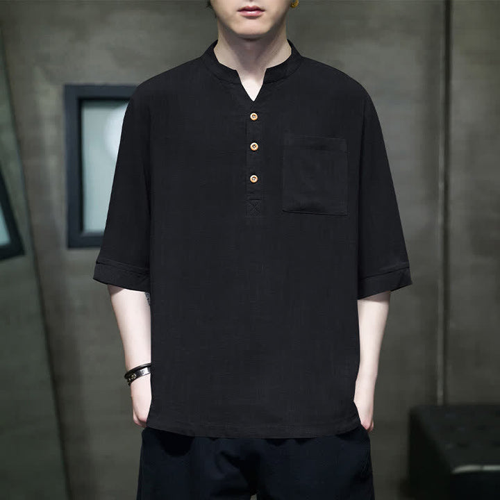Buddha Stones Camicia da uomo estiva casual a maniche corte, stile Tang, con colletto alla coreana e taschino applicato. - Nero - US/UK/AU46, EU56 (5XL) - image 6