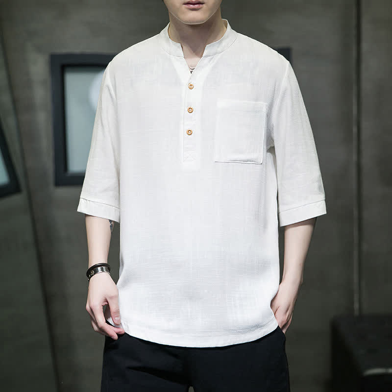 Buddha Stones Camicia da uomo estiva casual a maniche corte, stile Tang, con colletto alla coreana e taschino applicato. - image 1