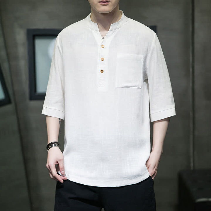 Buddha Stones Camicia da uomo estiva casual a maniche corte, stile Tang, con colletto alla coreana e taschino applicato. - image 1
