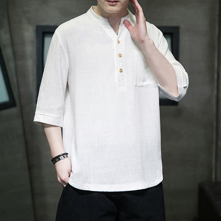 Buddha Stones Camicia da uomo estiva casual a maniche corte, stile Tang, con colletto alla coreana e taschino applicato. - Bianco - US/UK/AU46, EU56 (5XL) - image 0