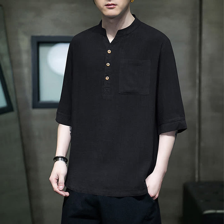 Buddha Stones Camicia da uomo estiva casual a maniche corte, stile Tang, con colletto alla coreana e taschino applicato. - image 9