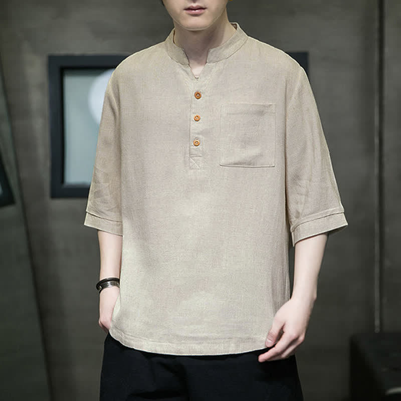 Buddha Stones Camicia da uomo estiva casual a maniche corte, stile Tang, con colletto alla coreana e taschino applicato. - image 14