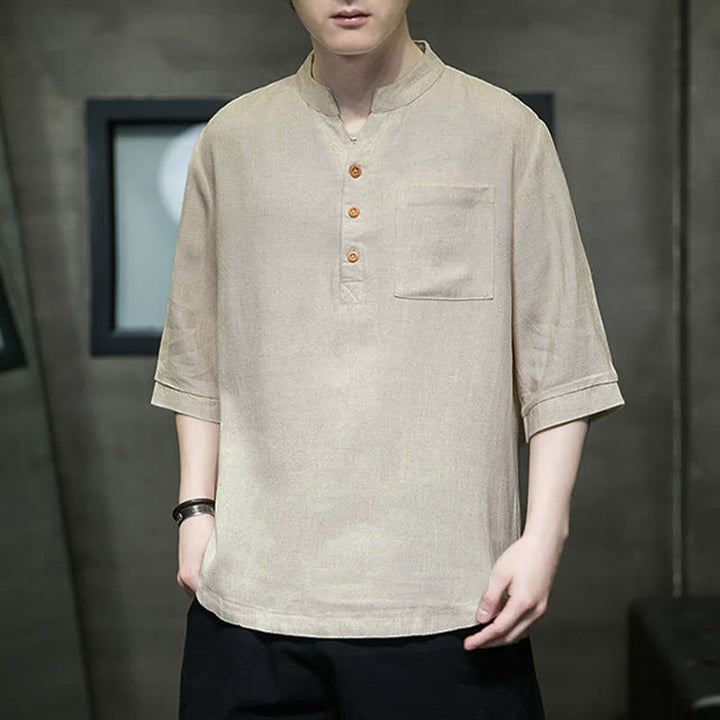 Buddha Stones Camicia da uomo estiva casual a maniche corte, stile Tang, con colletto alla coreana e taschino applicato. - image 14