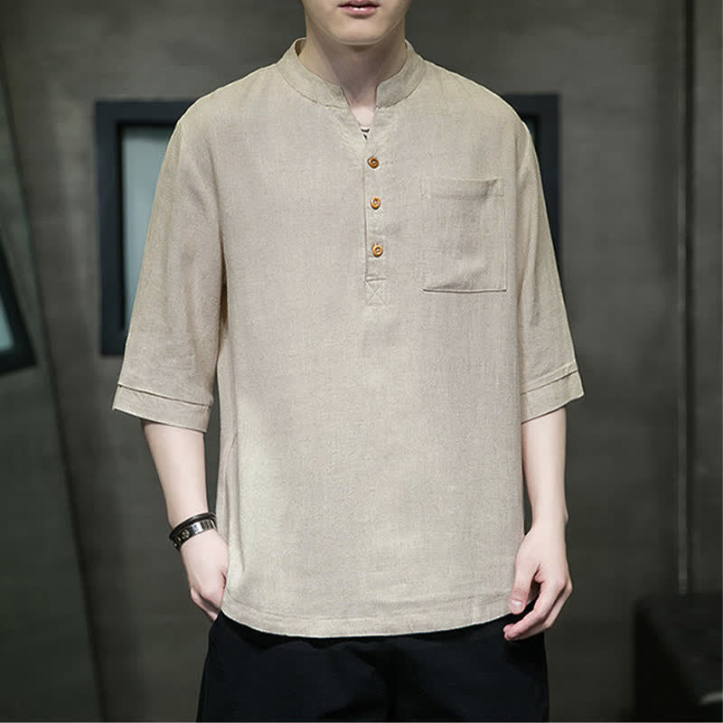 Buddha Stones Camicia da uomo estiva casual a maniche corte, stile Tang, con colletto alla coreana e taschino applicato. - image 17
