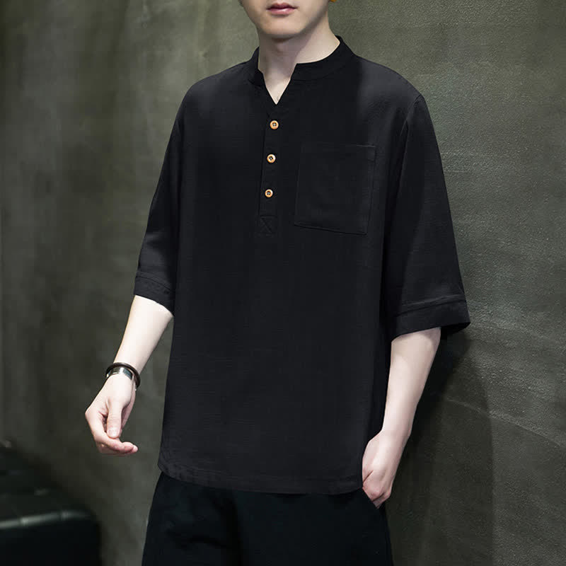 Buddha Stones Camicia da uomo estiva casual a maniche corte, stile Tang, con colletto alla coreana e taschino applicato. - image 11