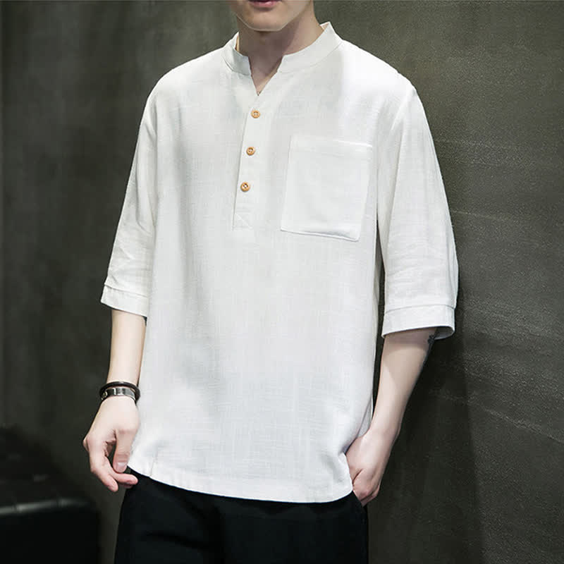 Buddha Stones Camicia da uomo estiva casual a maniche corte, stile Tang, con colletto alla coreana e taschino applicato. - image 5