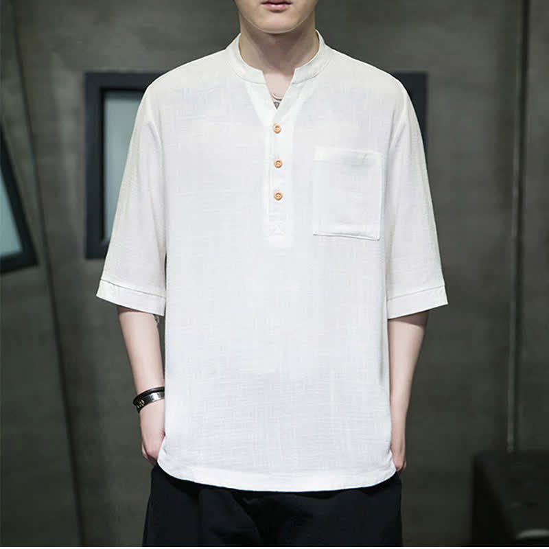 Buddha Stones Camicia da uomo estiva casual a maniche corte, stile Tang, con colletto alla coreana e taschino applicato. - image 3