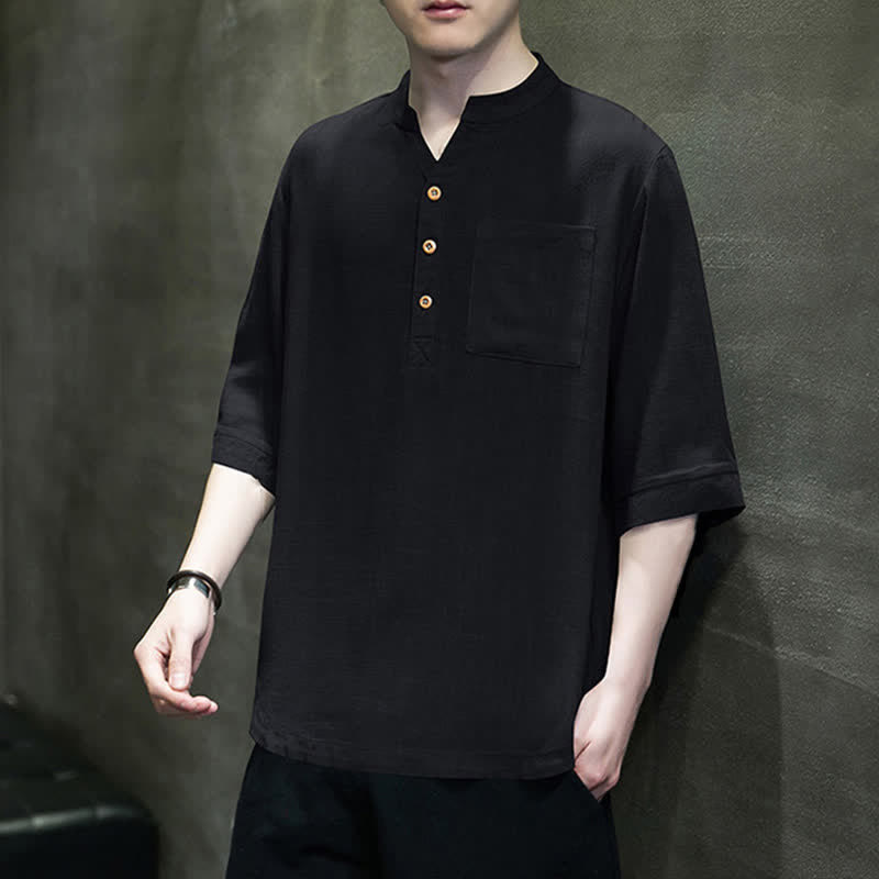Buddha Stones Camicia da uomo estiva casual a maniche corte, stile Tang, con colletto alla coreana e taschino applicato. - image 10
