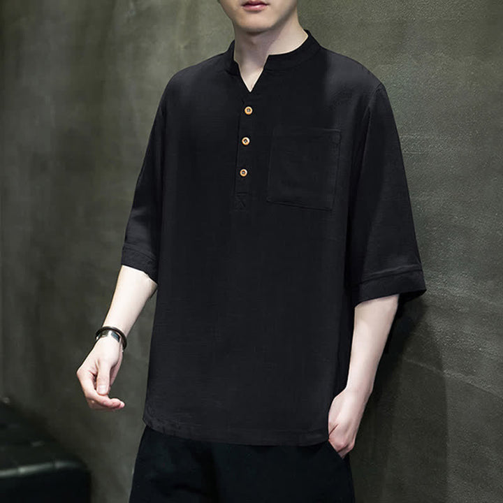 Buddha Stones Camicia da uomo estiva casual a maniche corte, stile Tang, con colletto alla coreana e taschino applicato. - image 10