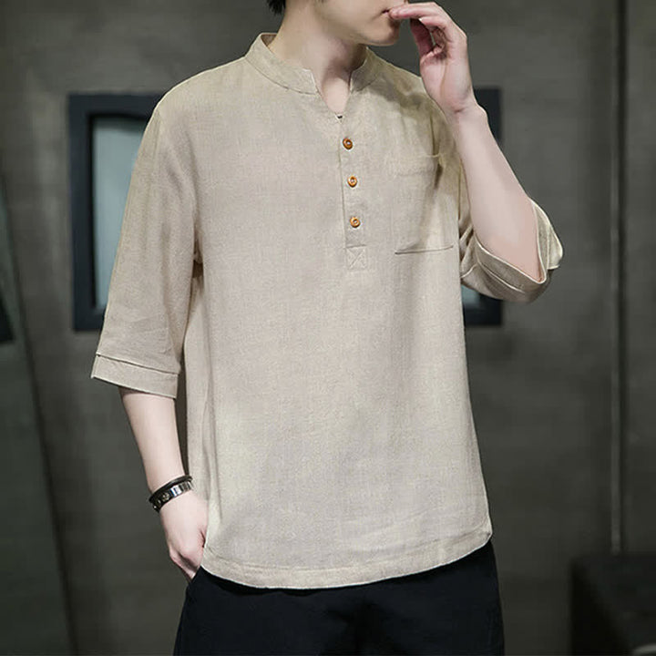 Buddha Stones Camicia da uomo estiva casual a maniche corte, stile Tang, con colletto alla coreana e taschino applicato. - image 13