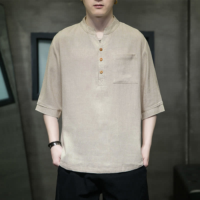 Buddha Stones Camicia da uomo estiva casual a maniche corte, stile Tang, con colletto alla coreana e taschino applicato. - image 15