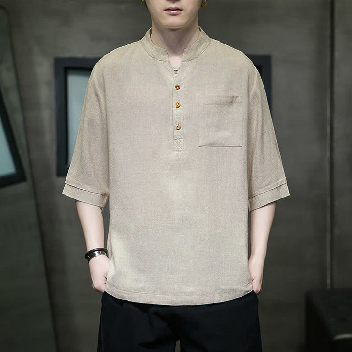 Buddha Stones Camicia da uomo estiva casual a maniche corte, stile Tang, con colletto alla coreana e taschino applicato. - image 15