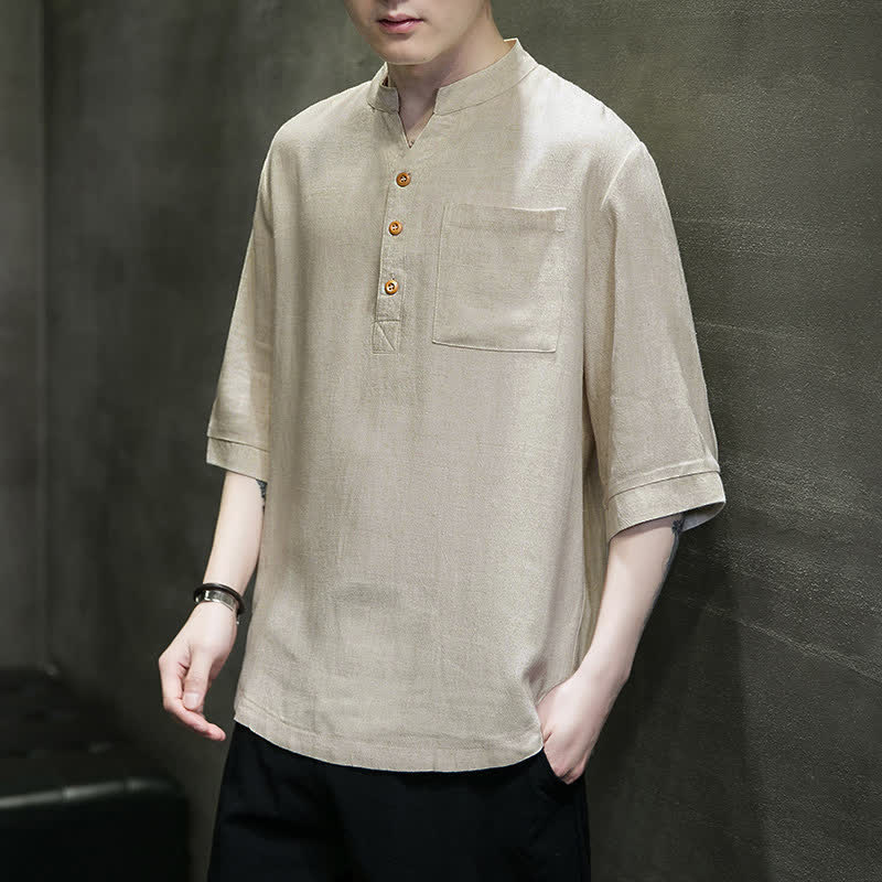 Buddha Stones Camicia da uomo estiva casual a maniche corte, stile Tang, con colletto alla coreana e taschino applicato. - image 18