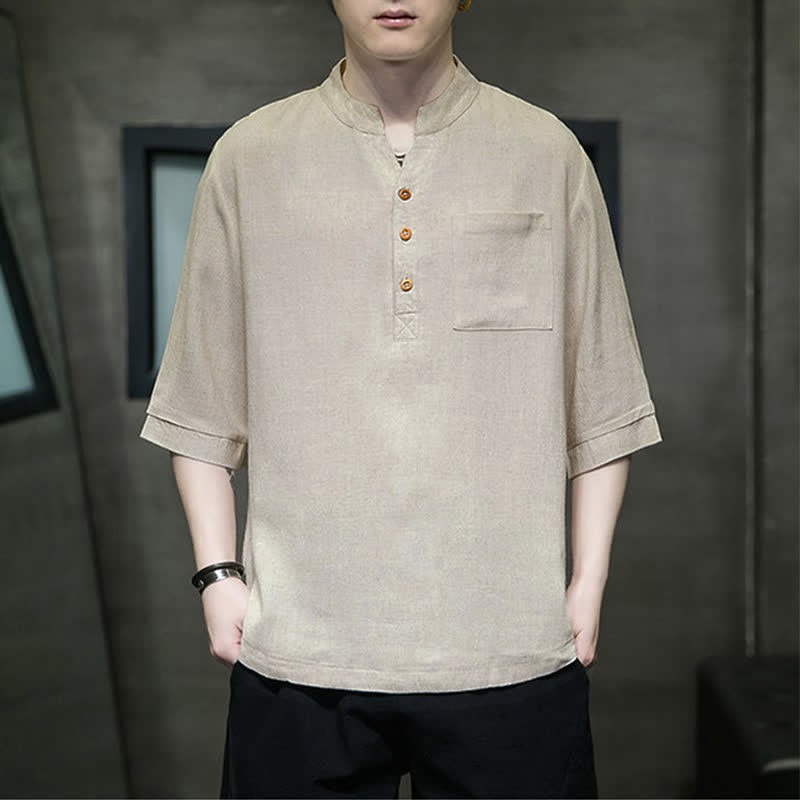 Buddha Stones Camicia da uomo estiva casual a maniche corte, stile Tang, con colletto alla coreana e taschino applicato. - Burlywood - US/UK/AU46, EU56 (5XL) - image 12