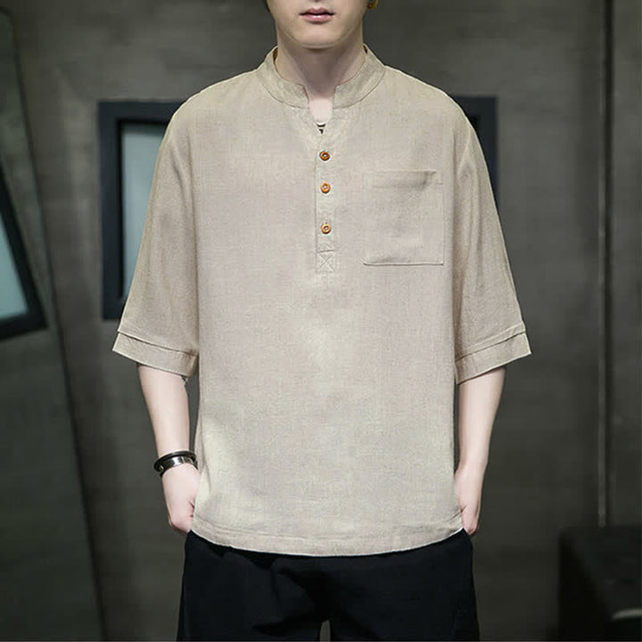 Buddha Stones Camicia da uomo estiva casual a maniche corte, stile Tang, con colletto alla coreana e taschino applicato. - Burlywood - US/UK/AU46, EU56 (5XL) - image 12
