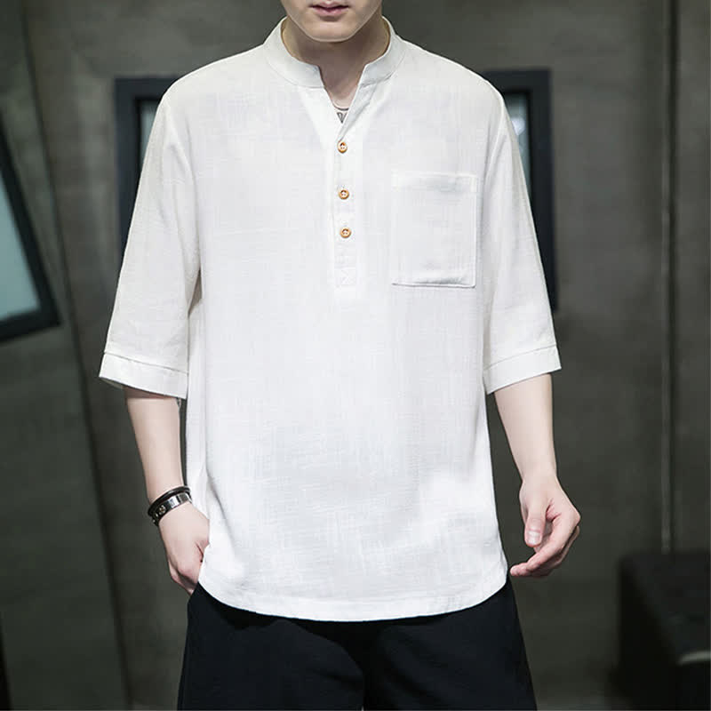 Buddha Stones Camicia da uomo estiva casual a maniche corte, stile Tang, con colletto alla coreana e taschino applicato. - image 4