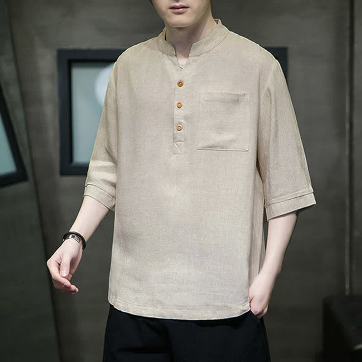 Buddha Stones Camicia da uomo estiva casual a maniche corte, stile Tang, con colletto alla coreana e taschino applicato. - image 16