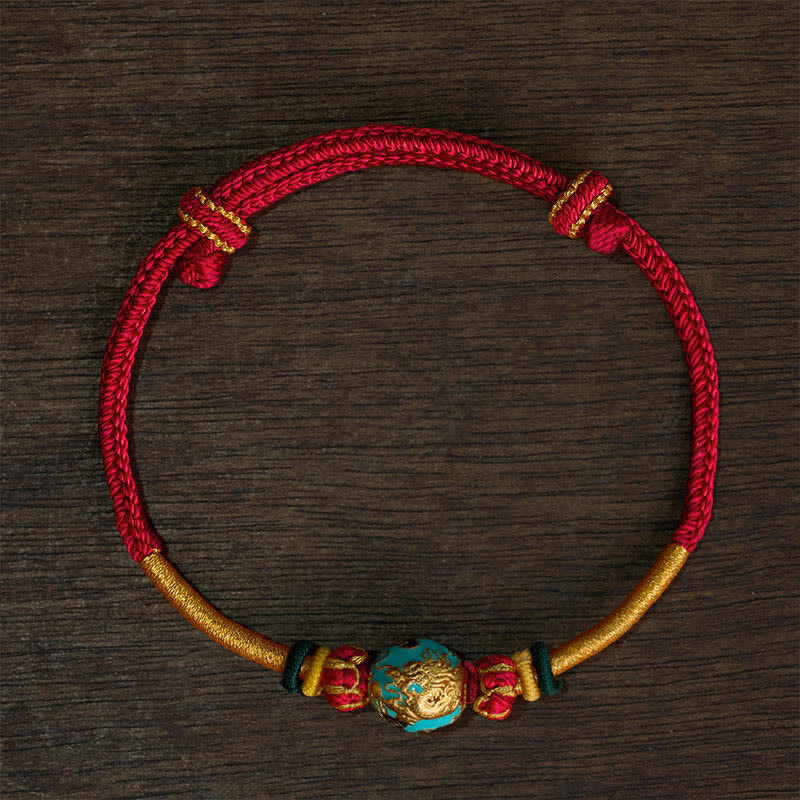 Buddha Stones Bracciale intrecciato resistente con perline di drago in rame e filo rosso - Cordino rosso (circonferenza del polso: 15–20 cm) - Perla Drago Blu - image 17