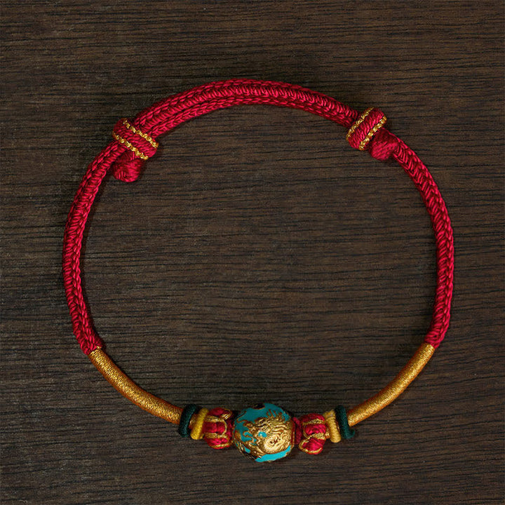 Buddha Stones Bracciale intrecciato resistente con perline di drago in rame e filo rosso - Cordino rosso (circonferenza del polso: 15–20 cm) - Perla Drago Blu - image 17