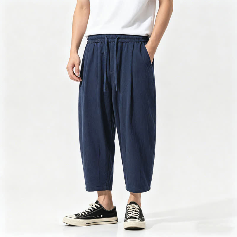 Buddha Stones Pantaloni capri estivi casual con coulisse in cotone tinta unita, pantaloni harem da uomo con tasche - Marina - US/UK/AU46, EU56 (5XL) - image 2