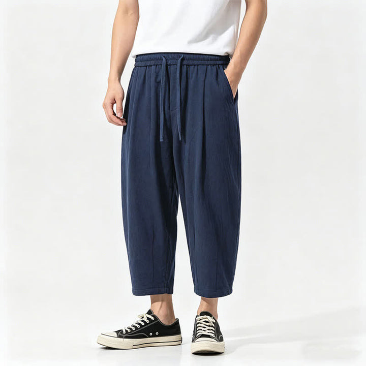 Buddha Stones Pantaloni capri estivi casual con coulisse in cotone tinta unita, pantaloni harem da uomo con tasche - Marina - US/UK/AU46, EU56 (5XL) - image 2