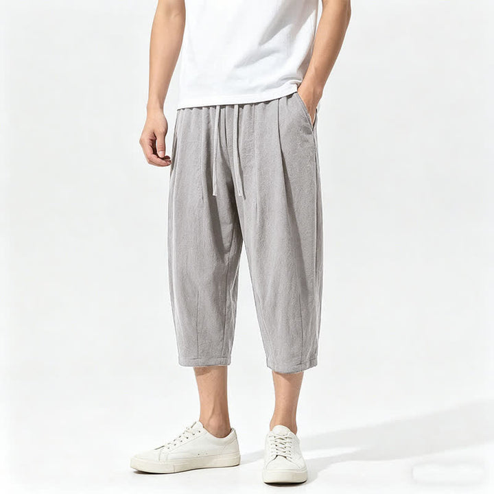 Buddha Stones Pantaloni capri estivi casual con coulisse in cotone tinta unita, pantaloni harem da uomo con tasche - Argento - US/UK/AU46, EU56 (5XL) - image 0