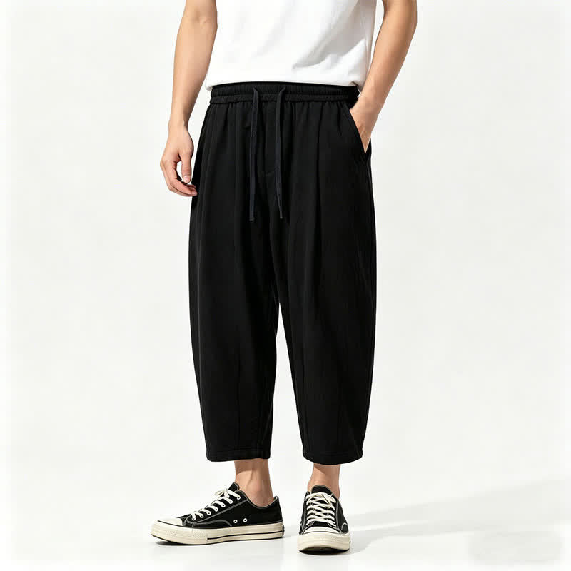Buddha Stones Pantaloni capri estivi casual con coulisse in cotone tinta unita, pantaloni harem da uomo con tasche - Nero - US/UK/AU46, EU56 (5XL) - image 1