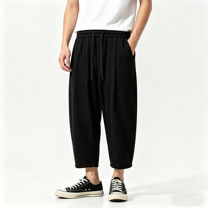 Buddha Stones Pantaloni capri estivi casual con coulisse in cotone tinta unita, pantaloni harem da uomo con tasche - Nero - US/UK/AU46, EU56 (5XL) - image 1