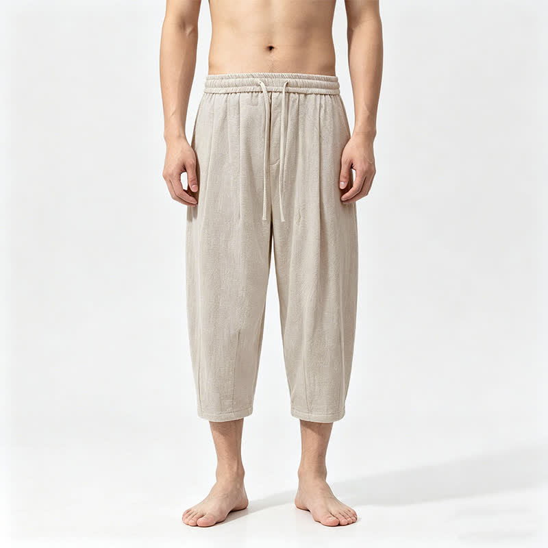 Buddha Stones Pantaloni capri estivi casual con coulisse in cotone tinta unita, pantaloni harem da uomo con tasche - Beige - US/UK/AU46, EU56 (5XL) - image 3