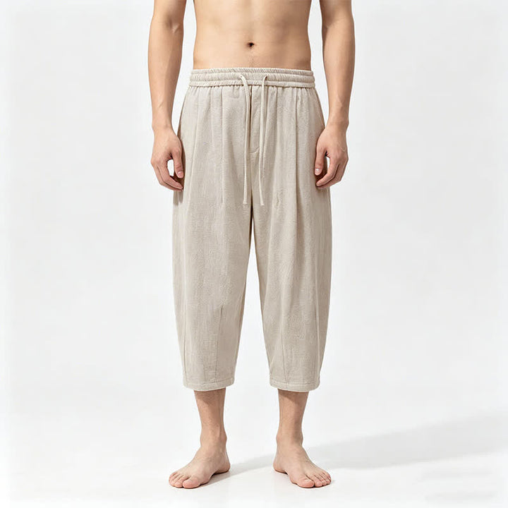 Buddha Stones Pantaloni capri estivi casual con coulisse in cotone tinta unita, pantaloni harem da uomo con tasche - Beige - US/UK/AU46, EU56 (5XL) - image 3