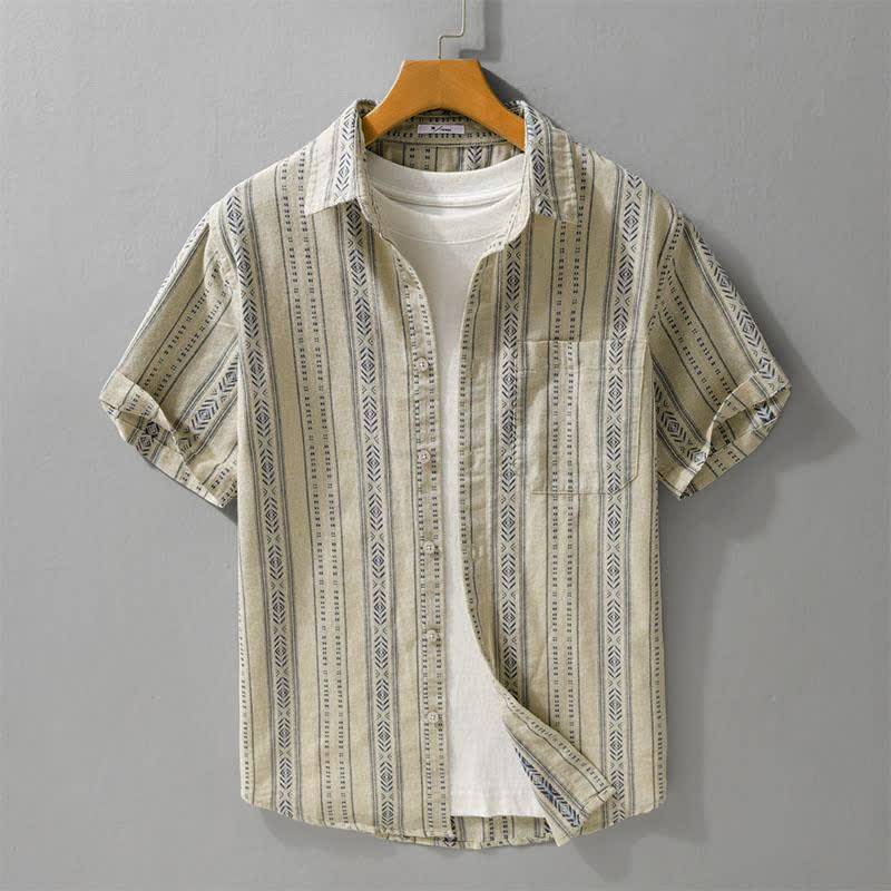 Buddha Stones Camicia da uomo estiva casual classica a maniche corte a righe con bottoni e taschino applicato - Tan - US/UK/AU42, EU52 (3XL) - image 7