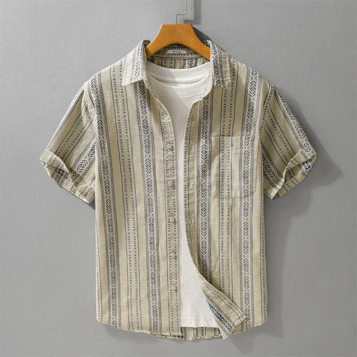 Buddha Stones Camicia da uomo estiva casual classica a maniche corte a righe con bottoni e taschino applicato - Tan - US/UK/AU42, EU52 (3XL) - image 7