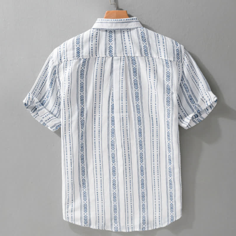 Buddha Stones Camicia da uomo estiva casual classica a maniche corte a righe con bottoni e taschino applicato - image 1