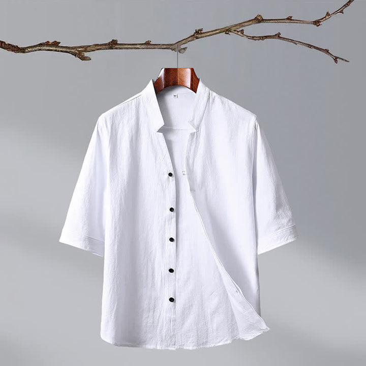 Buddha Stones Camicia da uomo a maniche corte in cotone tinta unita, stile Tang estivo, con colletto alla coreana e bottoni. - Bianco - US/UK/AU50, EU60 (7XL) - image 14