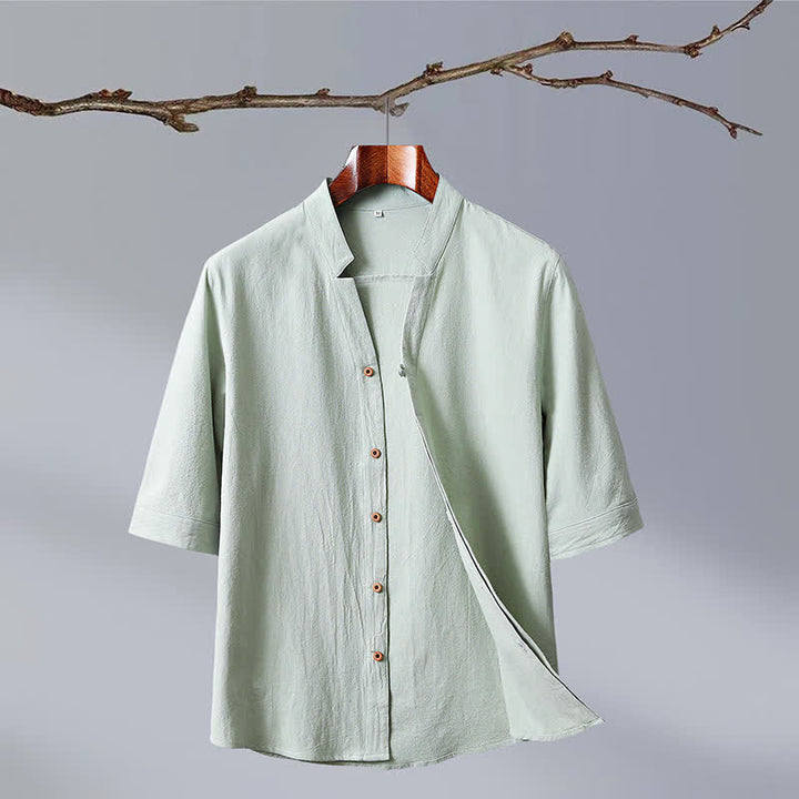 Buddha Stones Camicia da uomo a maniche corte in cotone tinta unita, stile Tang estivo, con colletto alla coreana e bottoni. - Melata - US/UK/AU50, EU60 (7XL) - image 2