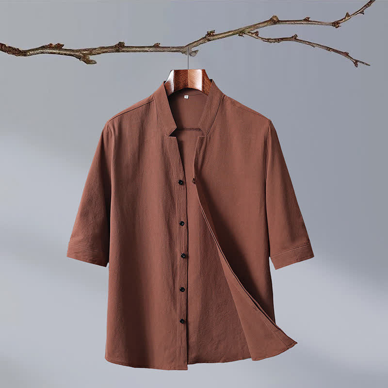 Buddha Stones Camicia da uomo a maniche corte in cotone tinta unita, stile Tang estivo, con colletto alla coreana e bottoni. - Perù - US/UK/AU50, EU60 (7XL) - image 0