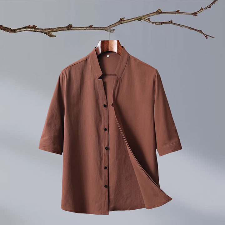 Buddha Stones Camicia da uomo a maniche corte in cotone tinta unita, stile Tang estivo, con colletto alla coreana e bottoni. - Perù - US/UK/AU50, EU60 (7XL) - image 0