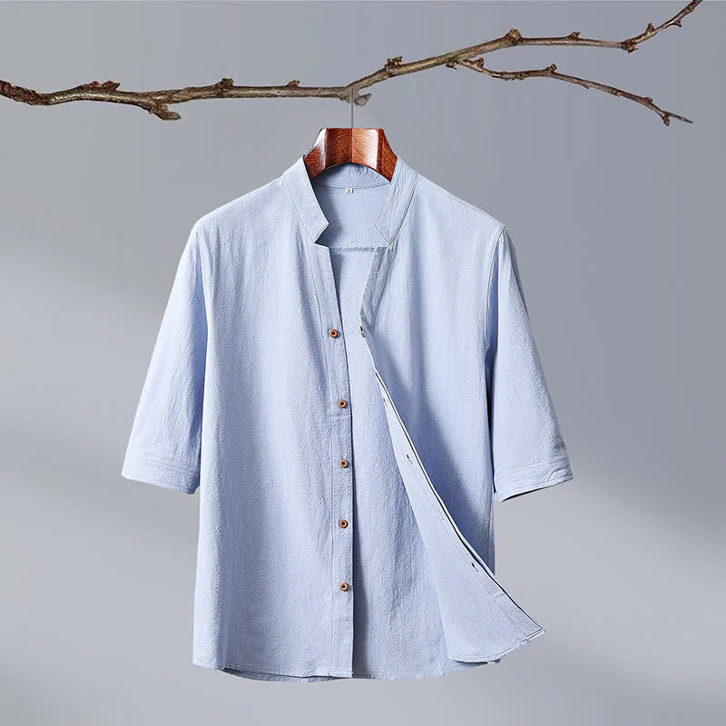 Buddha Stones Camicia da uomo a maniche corte in cotone tinta unita, stile Tang estivo, con colletto alla coreana e bottoni. - Azzurro polvere - US/UK/AU50, EU60 (7XL) - image 3