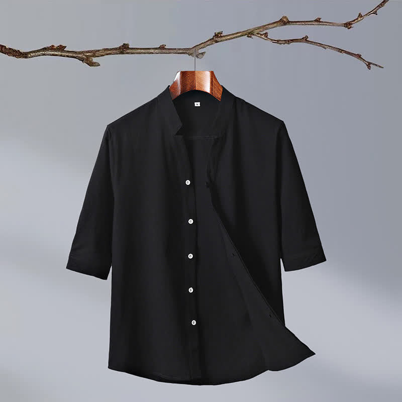 Buddha Stones Camicia da uomo a maniche corte in cotone tinta unita, stile Tang estivo, con colletto alla coreana e bottoni. - Nero - US/UK/AU50, EU60 (7XL) - image 1