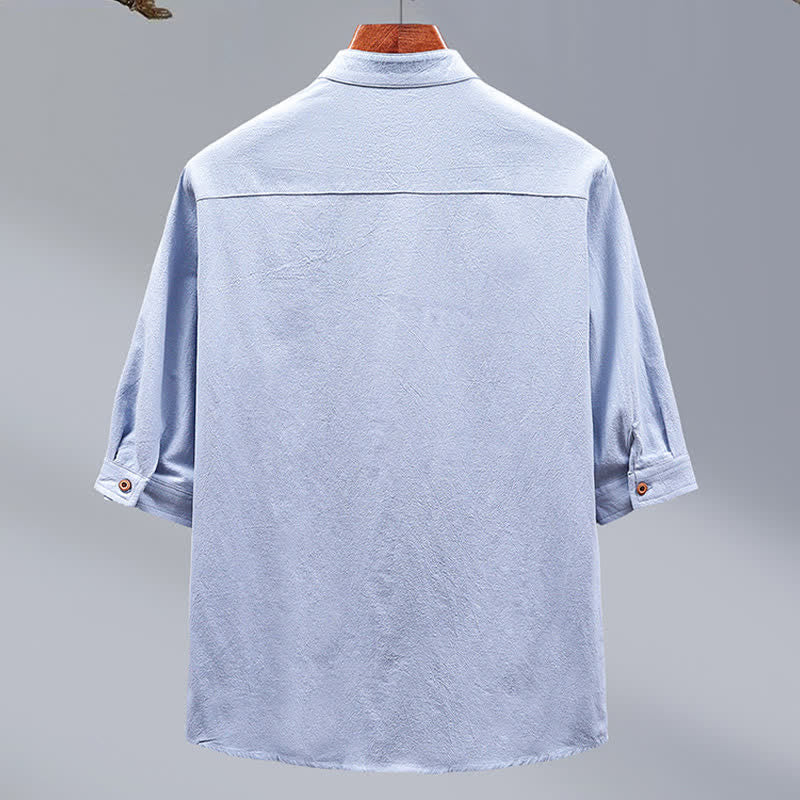 Buddha Stones Camicia da uomo a maniche corte in cotone tinta unita, stile Tang estivo, con colletto alla coreana e bottoni. - image 5