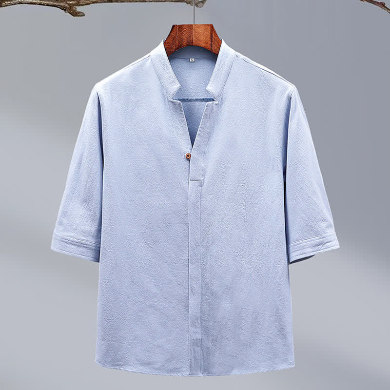 Buddha Stones Camicia da uomo a maniche corte in cotone tinta unita, stile Tang estivo, con colletto alla coreana e bottoni. - image 4