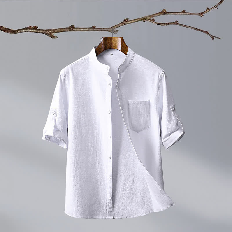 Buddha Stones Camicia da uomo estiva in stile Tang, casual, con colletto alla coreana, maniche corte e taschino applicato, in cotone tinta unita. - Bianco - US/UK/AU46, EU56 (5XL) - image 12