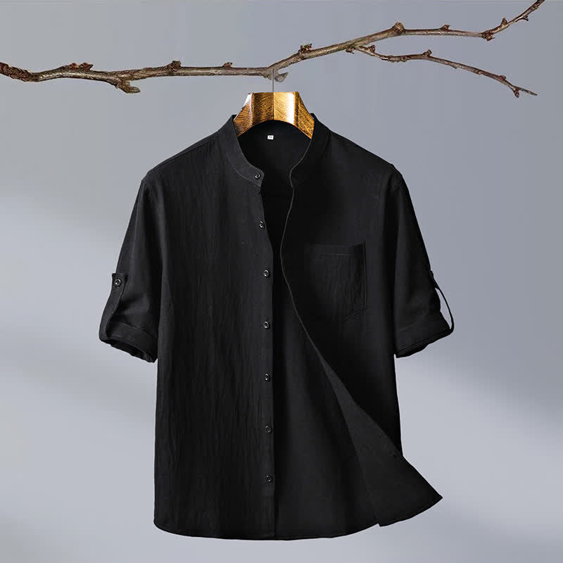 Buddha Stones Camicia da uomo estiva in stile Tang, casual, con colletto alla coreana, maniche corte e taschino applicato, in cotone tinta unita. - Nero - US/UK/AU46, EU56 (5XL) - image 11