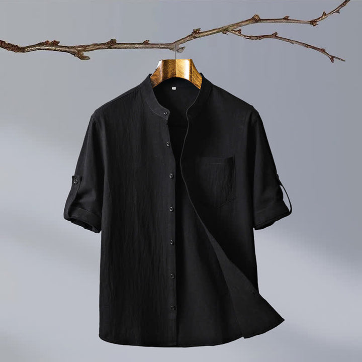 Buddha Stones Camicia da uomo estiva in stile Tang, casual, con colletto alla coreana, maniche corte e taschino applicato, in cotone tinta unita. - Nero - US/UK/AU46, EU56 (5XL) - image 11