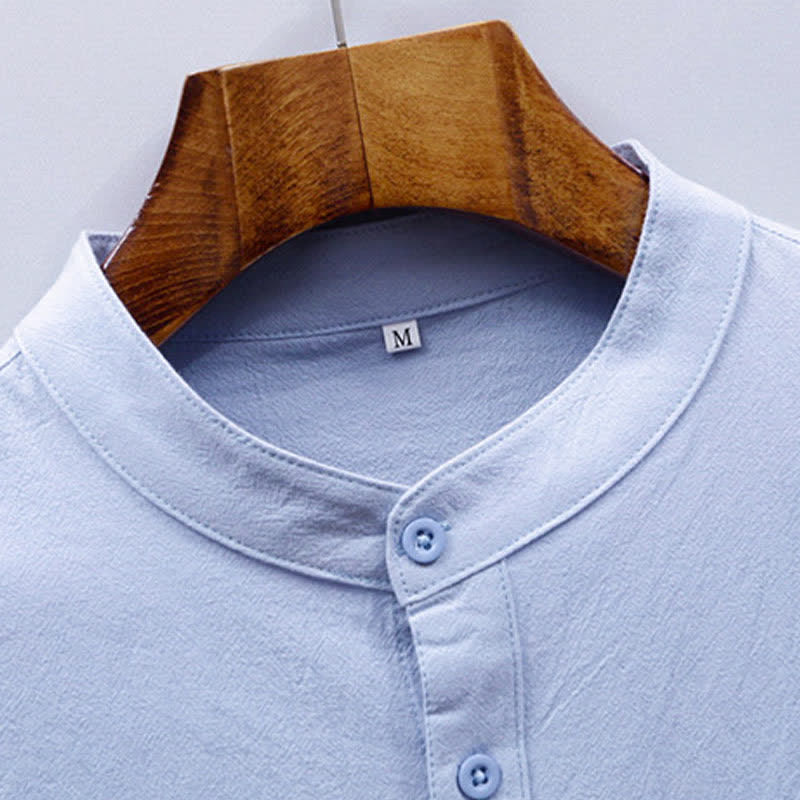 Buddha Stones Camicia da uomo estiva in stile Tang, casual, con colletto alla coreana, maniche corte e taschino applicato, in cotone tinta unita. - image 5