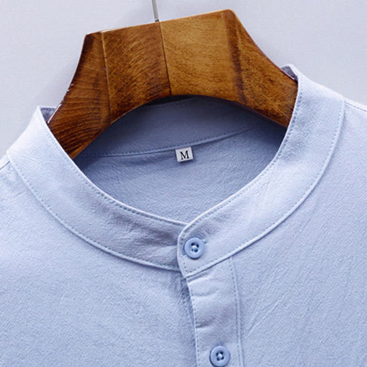Buddha Stones Camicia da uomo estiva in stile Tang, casual, con colletto alla coreana, maniche corte e taschino applicato, in cotone tinta unita. - image 5