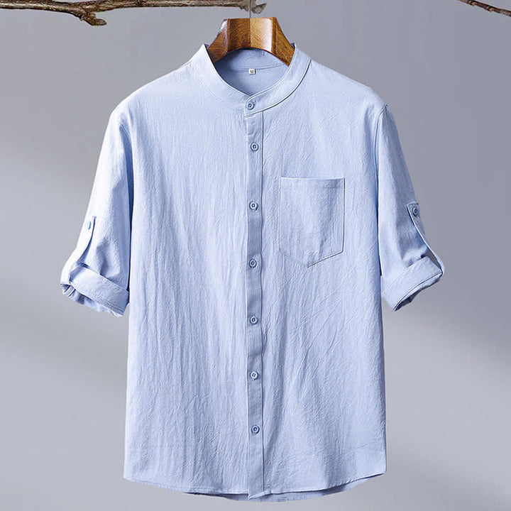 Buddha Stones Camicia da uomo estiva in stile Tang, casual, con colletto alla coreana, maniche corte e taschino applicato, in cotone tinta unita. - image 2