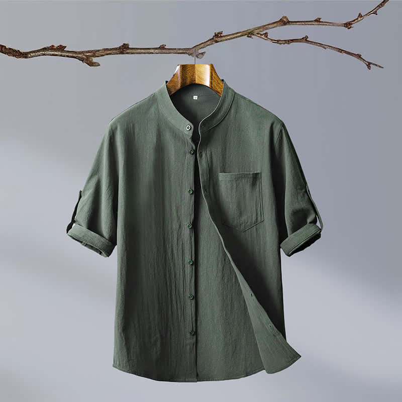 Buddha Stones Camicia da uomo estiva in stile Tang, casual, con colletto alla coreana, maniche corte e taschino applicato, in cotone tinta unita. - Verde oliva scuro - US/UK/AU46, EU56 (5XL) - image 0